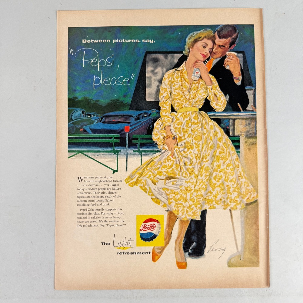 1958 Pepsi-Cola Drive-In Theater Original LIFE Magazine Print Ad Mid Century Art